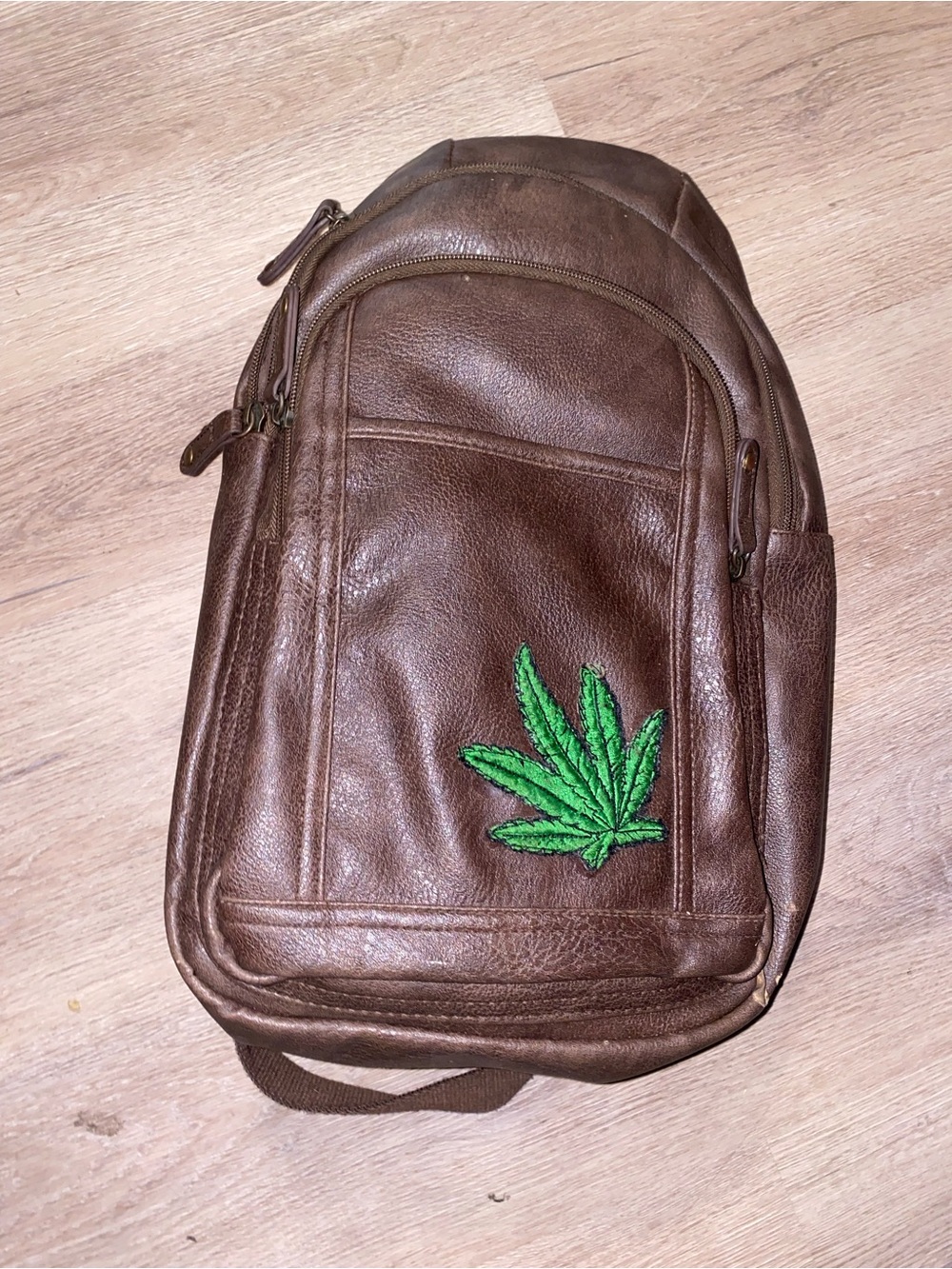 Brown Leather Men’s Backpack with Green Leaf Patch